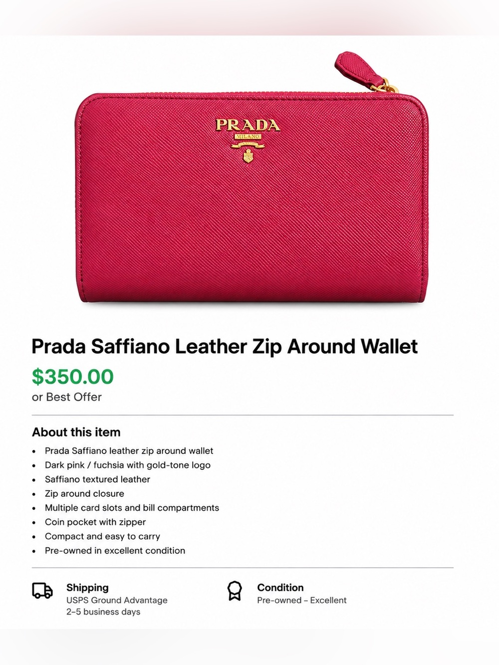Prada Saffiano Zip Wallet - Fuchsia with Gold Hardware